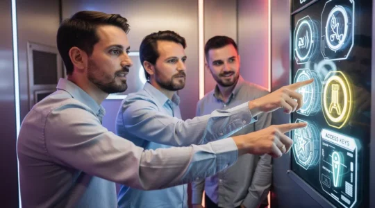 Collègues concentrés devant panneau indices escape game cohésion équipe