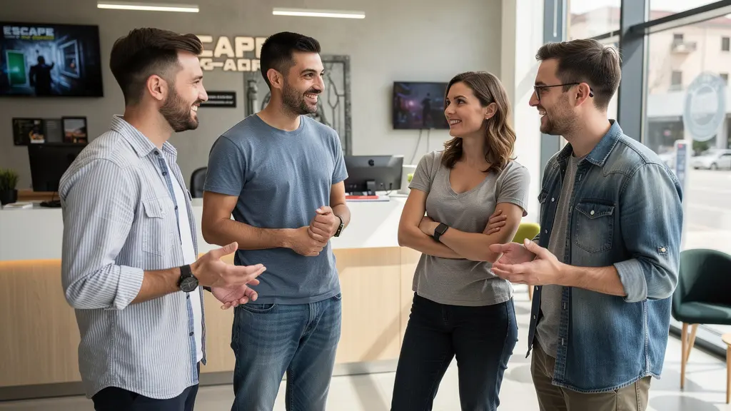Petit groupe en cercle après session escape game débriefing équipe