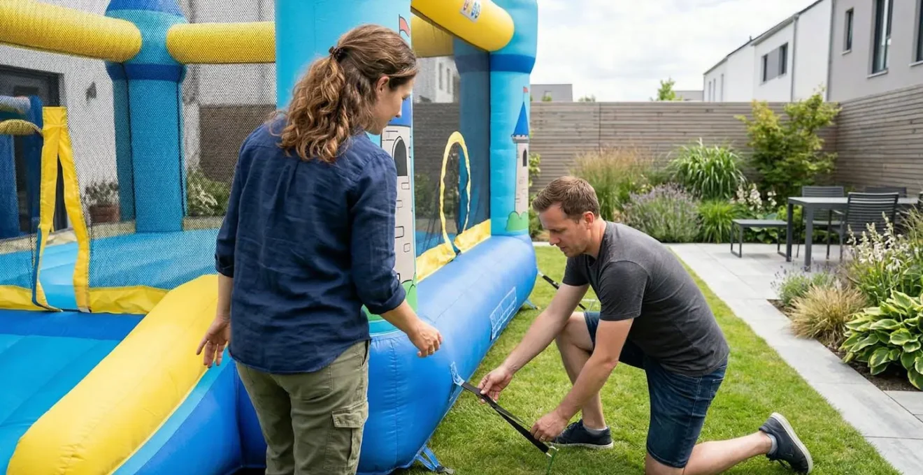 Deux adultes vus de dos inspectent les points de fixation d'un château gonflable dans un jardin résidentiel lors de la préparation d'une fête