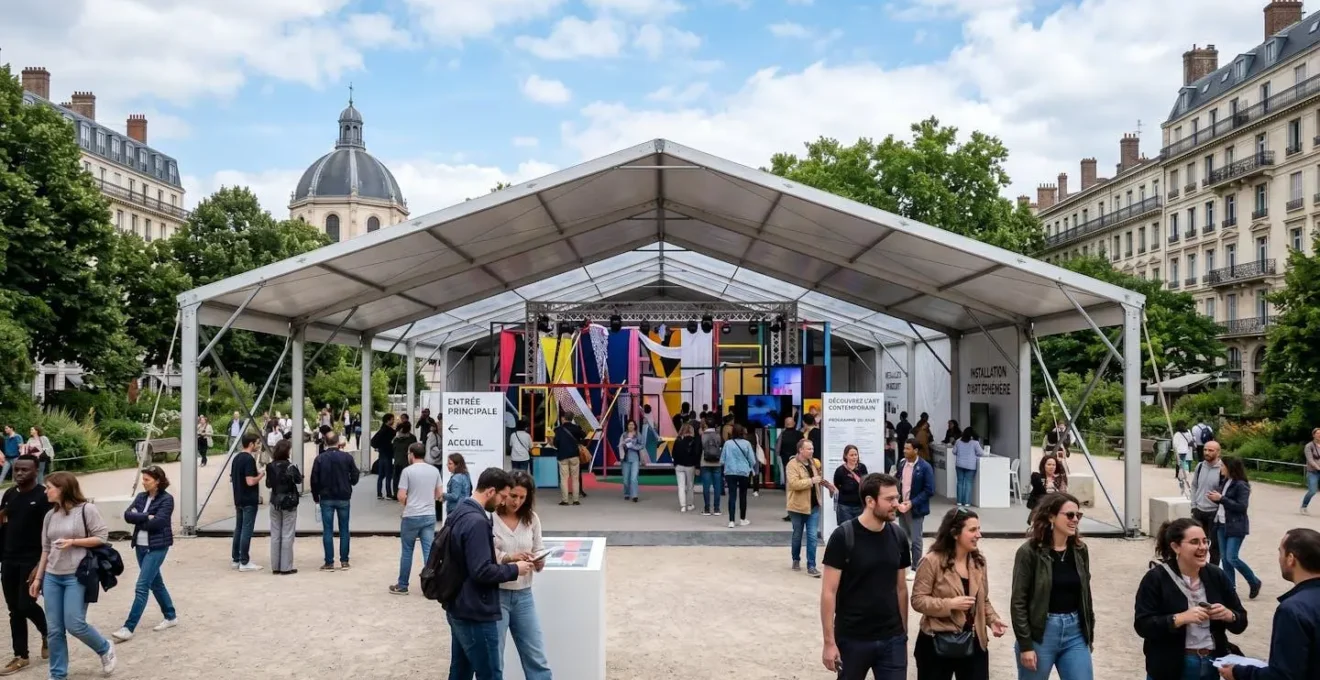 Un grand barnum blanc professionnel installé dans un parc public français sous un ciel dégagé, avec des allées propres et de la verdure en arrière-plan