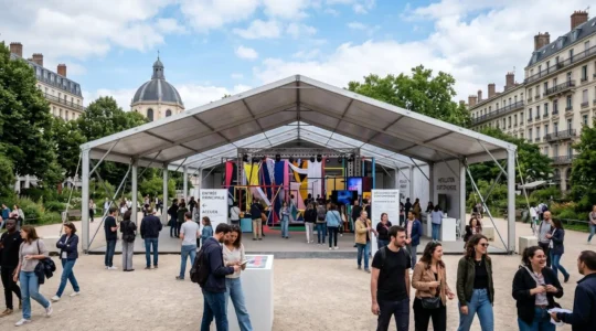 Un grand barnum blanc professionnel installé dans un parc public français sous un ciel dégagé, avec des allées propres et de la verdure en arrière-plan