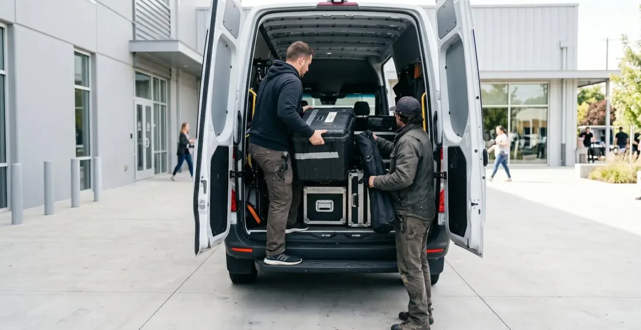Deux personnes vues de dos déchargeant des cartons et du matériel plié depuis l'arrière d'une camionnette blanche, dans un cadre de travail en extérieur lumineux