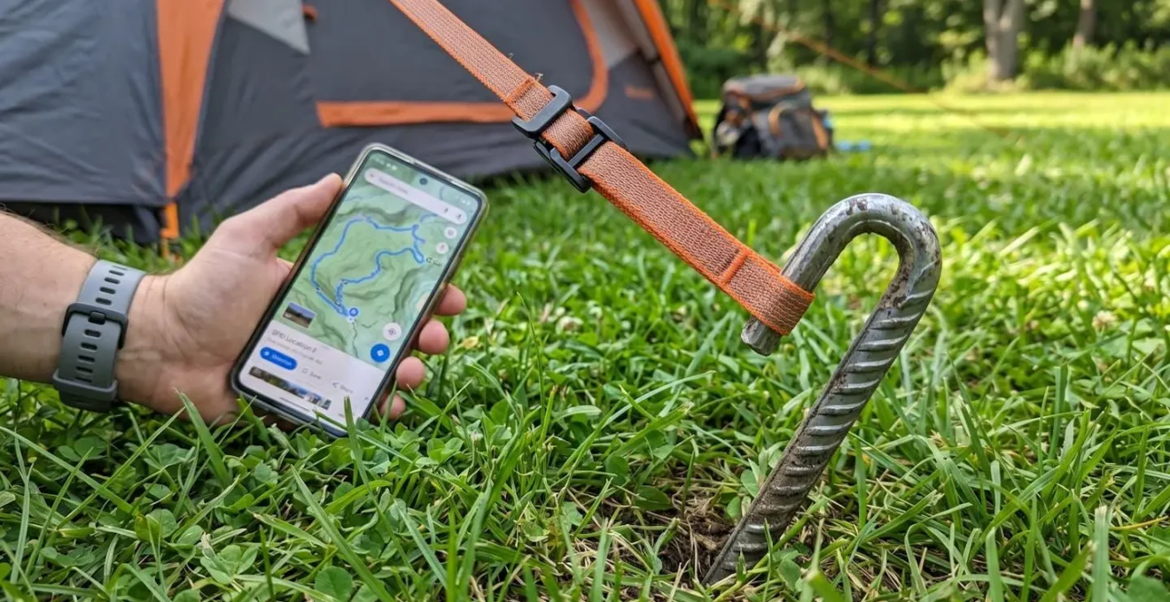 Gros plan détaillé sur un système d'ancrage de barnum, montrant un piquet métallique enfoncé dans le sol herbeux et une sangle de tension bien fixée