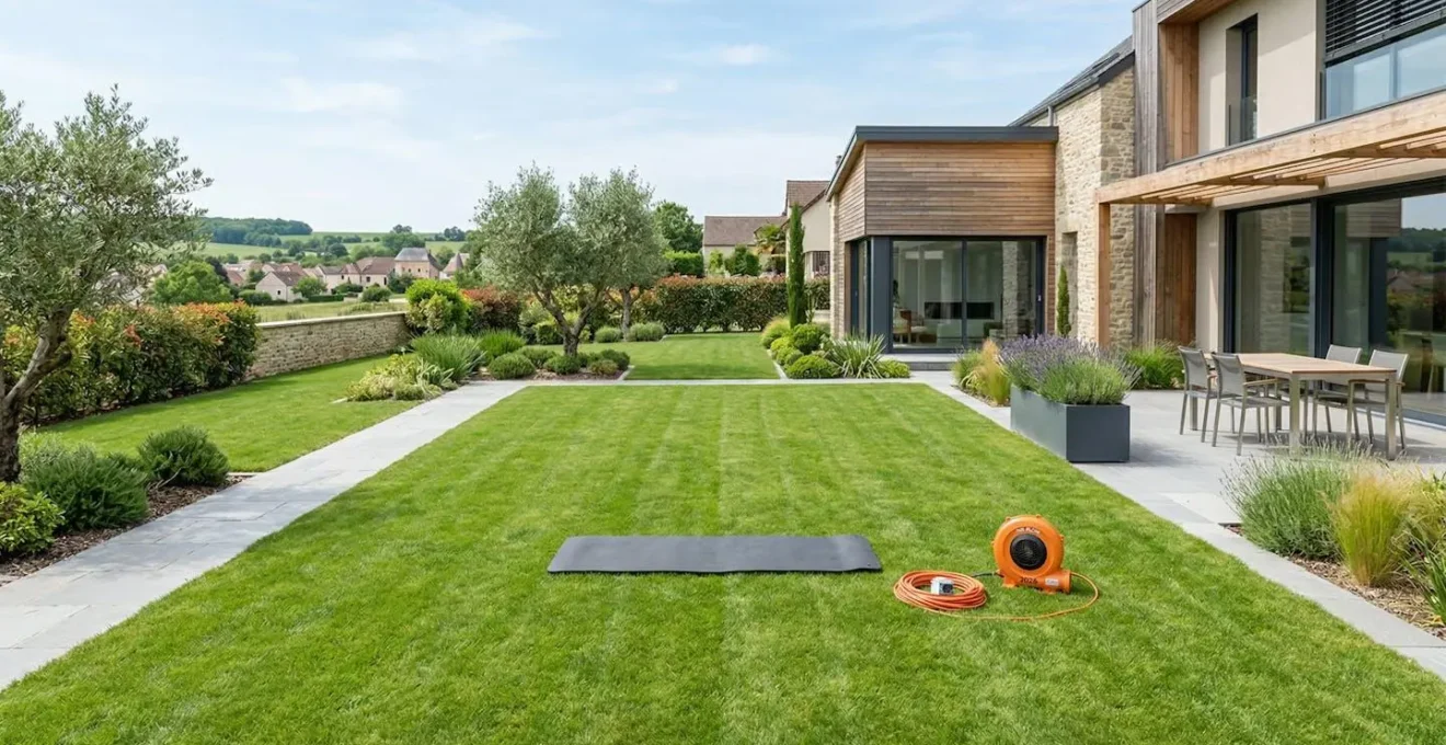 Vue en contre-plongée d'une pelouse tondue et dégagée dans un jardin résidentiel français contemporain avec ciel dégagé