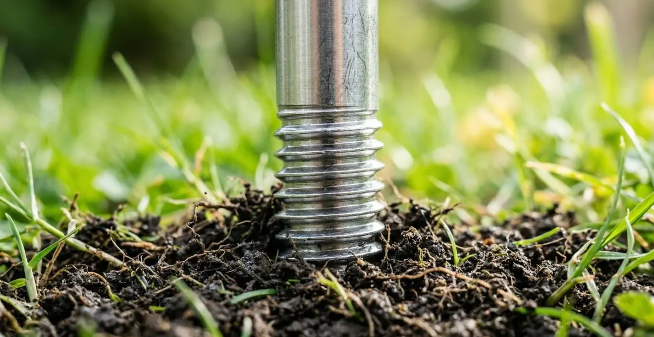 Gros plan détaillé d'un piquet d'ancrage métallique solidement enfoncé dans un sol herbeux avec mise au point nette sur la texture du métal