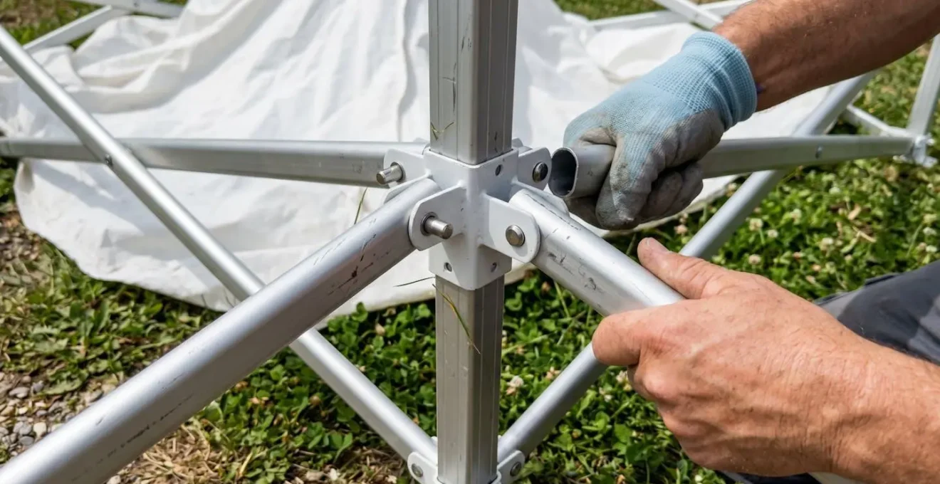 Gros plan sur les connecteurs métalliques d'une structure de barnum pliable en cours d'assemblage