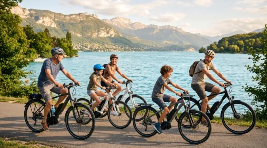Famille multigénérationnelle à vélo électrique le long du lac d'Annecy avec les montagnes alpines en arrière-plan