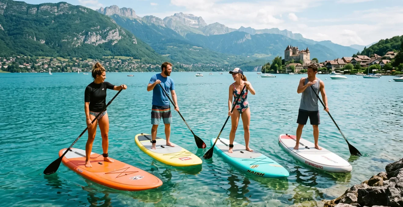 Groupe de quatre amis en stand-up paddle sur les eaux turquoise du lac d'Annecy avec les montagnes en arrière-plan