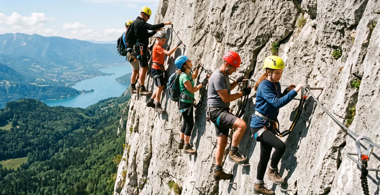 Groupe de cinq personnes équipées de matériel de sécurité progressant sur une via ferrata sur une falaise calcaire dans les montagnes d'Annecy