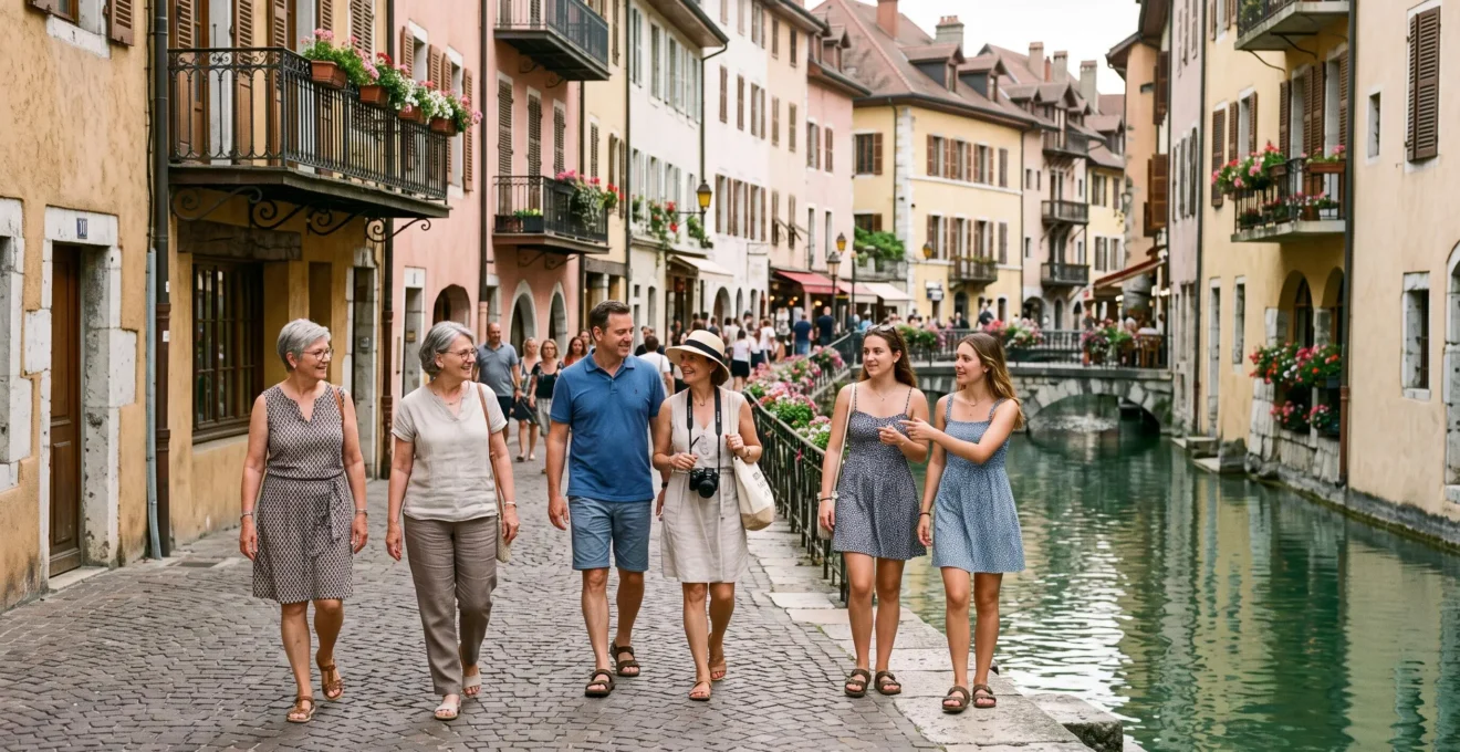 Groupe de six personnes marchant le long du canal Thiou dans la vieille ville d'Annecy avec ses bâtiments savoyards colorés