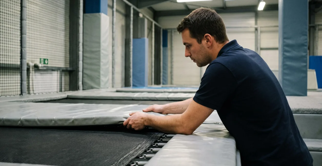 Un membre du personnel vérifie la fixation des protections rembourrées sur le bord d'un trampoline.