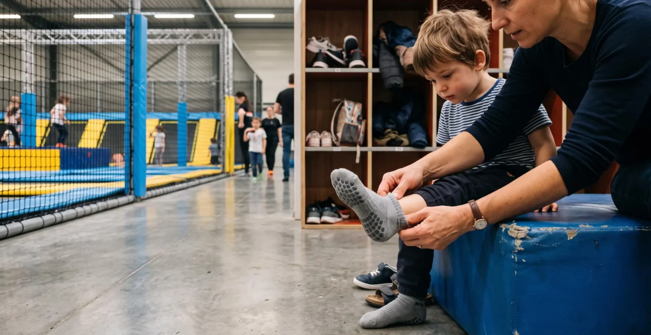 Un adulte aide un enfant à enfiler des chaussettes antidérapantes sur un banc avant d'accéder à l'aire de trampolines.