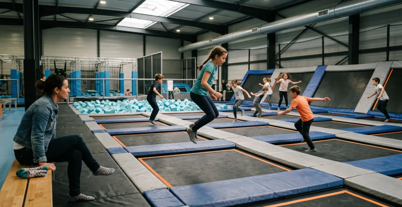 Des enfants sautent sur les trampolines d'un parc indoor pendant qu'un parent les observe depuis le banc à côté de l'aire de jeu.