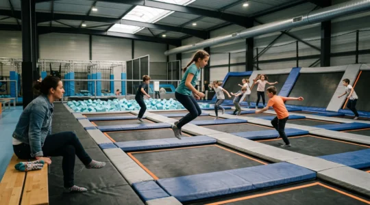 Des enfants sautent sur les trampolines d'un parc indoor pendant qu'un parent les observe depuis le banc à côté de l'aire de jeu.
