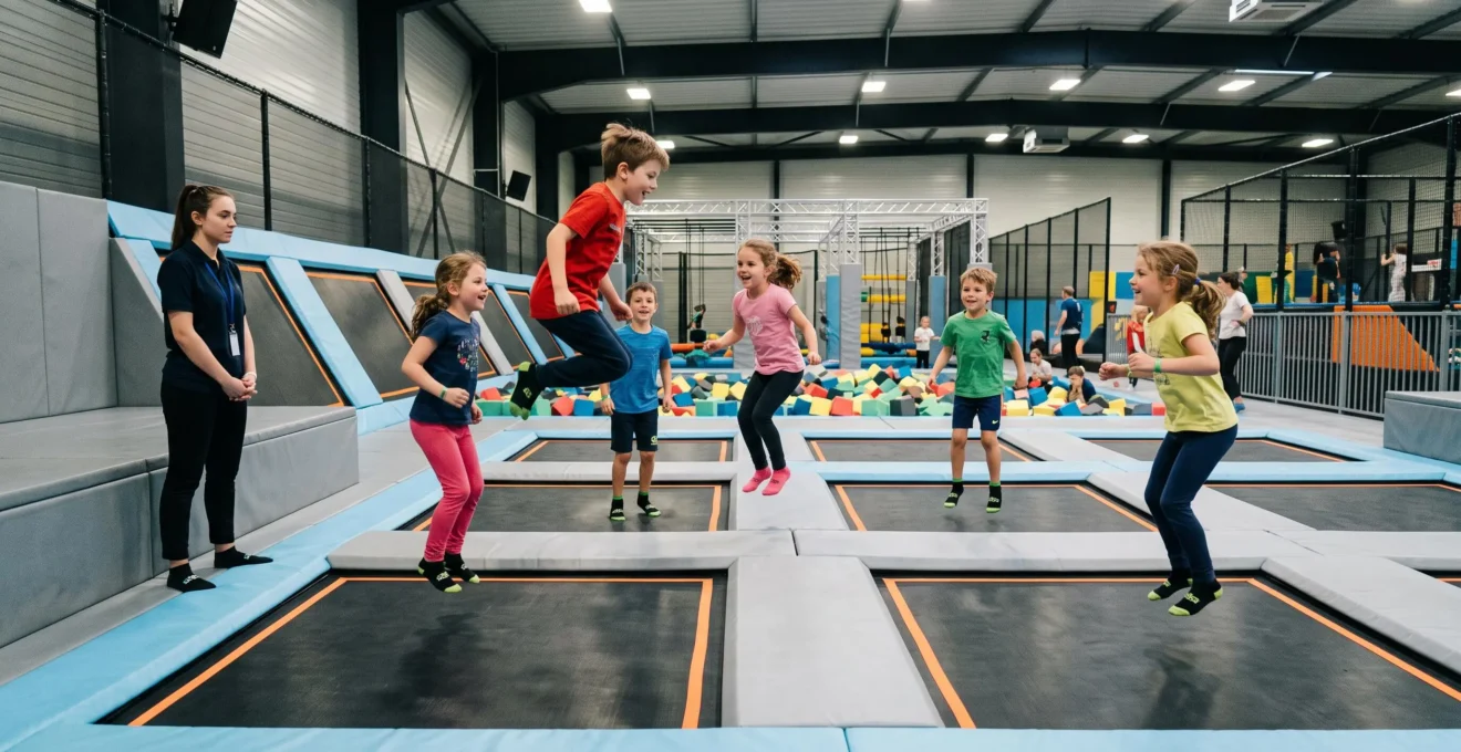 Des enfants sautent sur les trampolines d'un parc indoor pendant qu'un encadrant surveille depuis la plateforme.