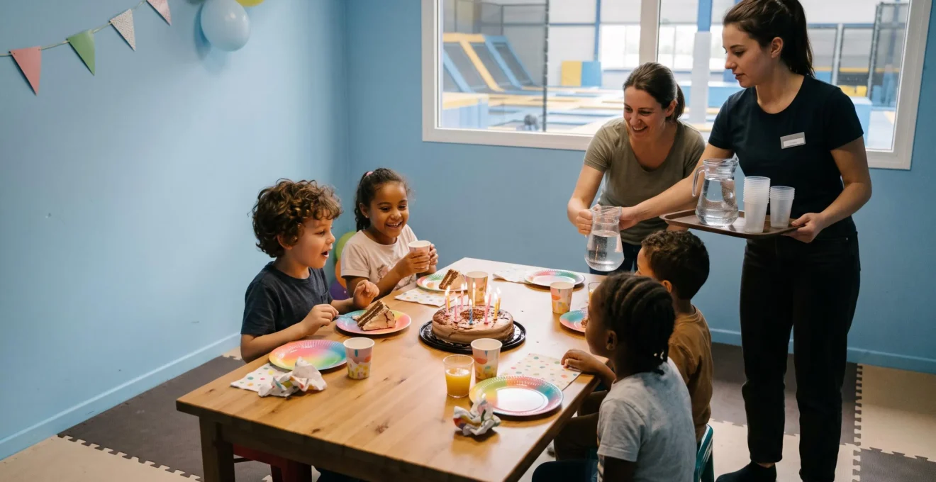 Des enfants autour d'une table de goûter décorée pour un anniversaire dans la salle réservée d'un parc de loisirs.