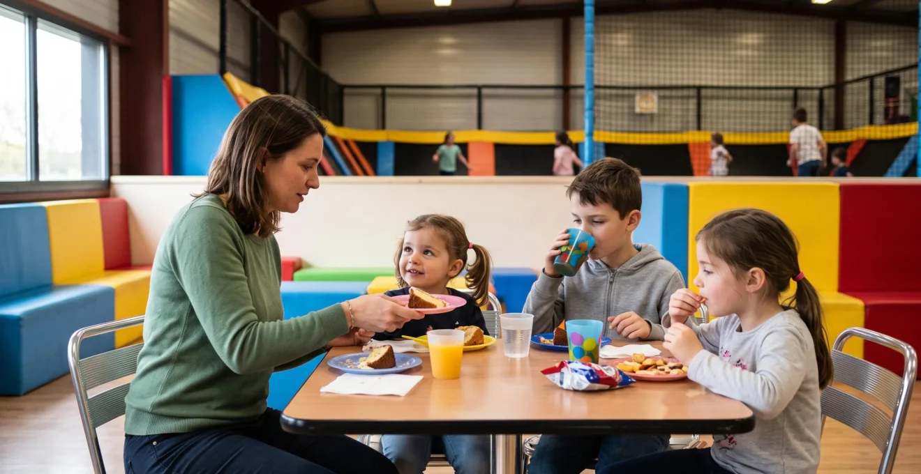 Une mère et trois enfants partagent un goûter autour d'une table dans l'espace snack d'un parc de trampolines.
