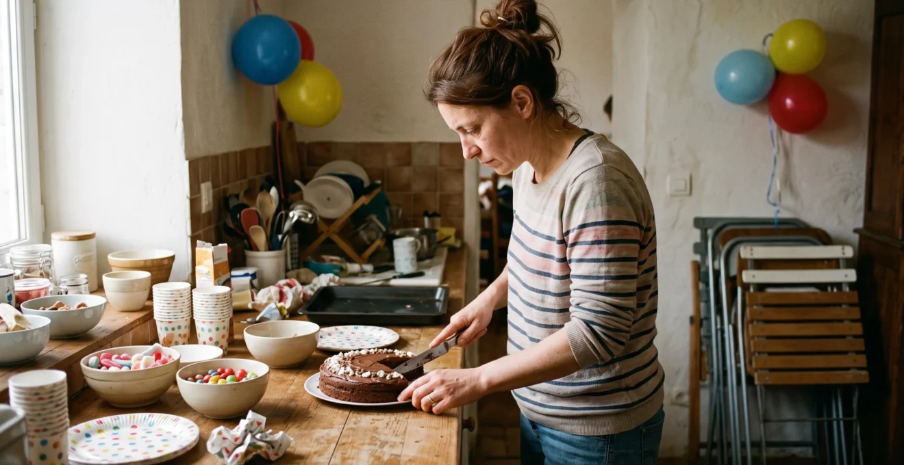 Une mère prépare le goûter d'un anniversaire dans sa cuisine encombrée de vaisselle et de décorations.